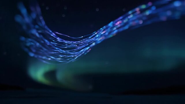 Abstract digital data stream flowing with glowing blue and purple lines against a dark, ethereal background with a subtle green light.