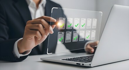 Businessman verifying digital document checklist on futuristic holographic interface