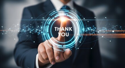 Businessman touching a futuristic digital screen displaying thank you message