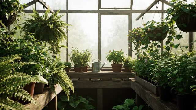 A lush greenhouse interior filled with a variety of potted green plants and ferns, with sunlight streaming through the windows.