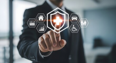 Businessman touching digital interface showing various insurance protection icons