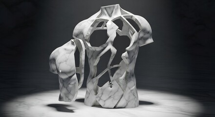 A broken marble torso sculpture with a detached arm featuring jagged fragments and a hollow chest illuminated dramatically on a marble surface