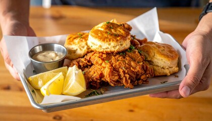 Manos sosteniendo una bandeja ligera con pollo frito, galletas y limones en un restaurante acogedor