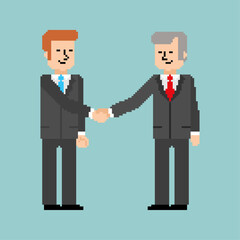 Retro pixel art business handshake between two men. 8-bit or 16-bit style icon for partnership, agreement, or digital commerce concepts.