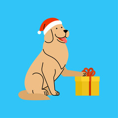 Golden Retriever dog wearing a Santa hat, sitting next to a gift box. Christmas pet concept.  Flat vector illustration for holiday and animal themes.