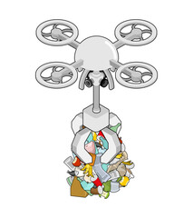 Eco-friendly drone collecting garbage or trash. Autonomous quadcopter symbolizing environmental cleanup, waste management, and future technology.