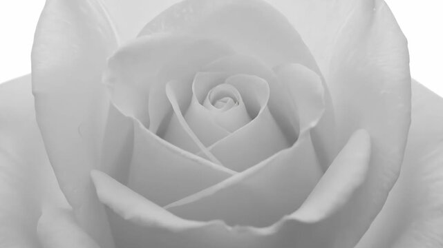 Close-up of a delicate white rose with soft, layered petals forming a beautiful spiral pattern in the center, showcasing its elegant beauty.