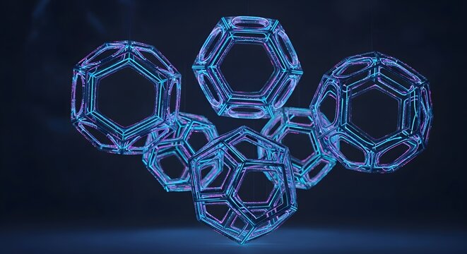 Abstract Digital Composition of Glowing Blue and Purple Wireframe Polyhedra, Representing Advanced Technology, Data Networks, and Futuristic Interconnected Systems