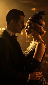 1920s Cinematic Couple in Glamorous Sequin Dress and Tuxedo