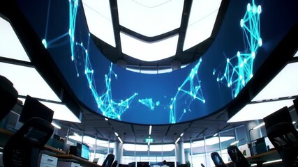 Dynamic futuristic control room scene featuring digital neural network visualization and interconnected data lines in a high-tech environment - Powered by Adobe
