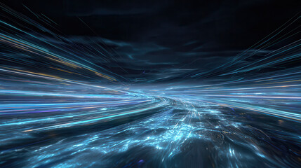 Abstract digital landscape of glowing blue and teal light trails