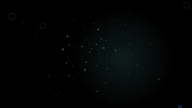 Abstract dark background with glowing teal particles floating and subtle circular outlines suggesting a digital or cosmic atmosphere