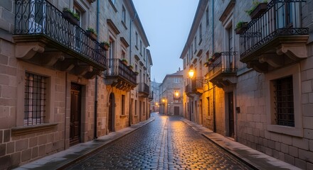Quiet cobblestone street in an old european town at dusk with warm street lights reflecting on wet paving stones.