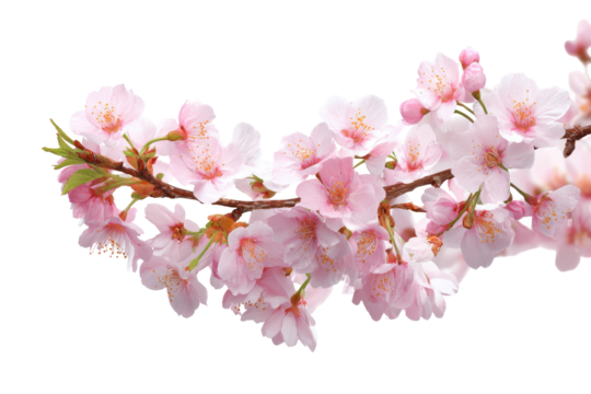 Delicate pink cherry blossom branch isolated on transparent background. Close-up of delicate pink cherry blossoms blooming on a branch isolated on white background. - Powered by Adobe