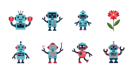 Collection of colorful cartoon robots and flower isolated on white background