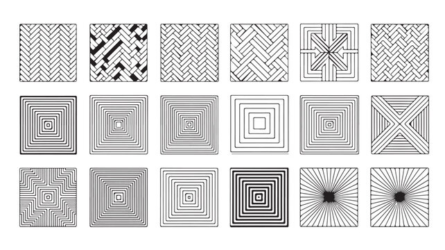 Collection of various black and white geometric pattern tile designs for flooring