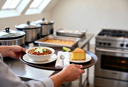 Voluntarios sirven comida en una l&iacute;nea de potluck, con un taz&oacute;n de sopa y pan en una cocina