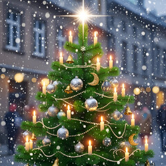 Dreamy Christmas tree glows with candlelight and ornaments in a snowy European town square, celebrating the holidays and festive season