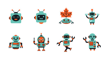 Collection of colorful cartoon robots vector illustrations isolated
