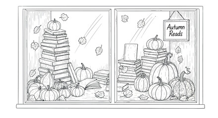 Fototapeta premium Autumn Reads Window Display Line Art with Pumpkins, Books, and Fall Leaves - Coloring Page