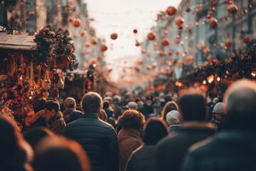 Vibrant holiday market scene with colorful decorations, cheerful crowds, and festive lights, capturing the joyous spirit of seasonal travels