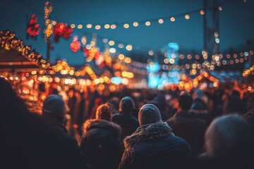 Vibrant holiday market scene with colorful decorations, cheerful crowds, and festive lights, capturing the joyous spirit of seasonal travels