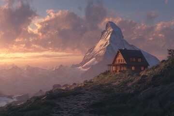 Picturesque mountain view at sunset, with a cozy lodge in the foreground, evoking a sense of adventure and peaceful solitude
