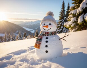 Obraz premium Cute snowman in snowy mountain landscape at sunset, winter wonderland background