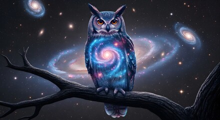 Wise owl infused with a vibrant spiral galaxy, perched on a branch under a vast cosmos filled with distant stars