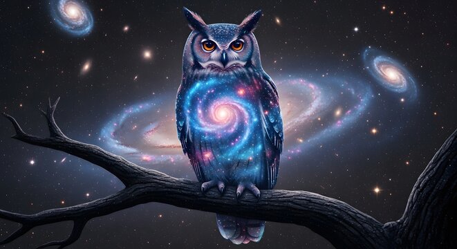 Wise owl infused with a vibrant spiral galaxy, perched on a branch under a vast cosmos filled with distant stars - Powered by Adobe