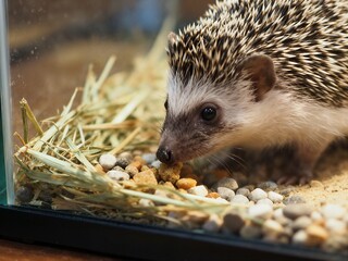 A small African Pygmy Hedgehog is seen eating dry food and surrounded by hay and pebbles in its glass enclosure. This is a close-up of a common pet animal.
