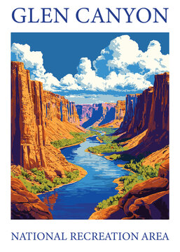 Glen Canyon National Recreation Area retro poster vector illustration of the Colorado River flowing through massive canyons.