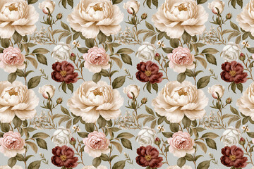 Muted floral seamless pattern, watercolor roses, peonies, wildflowers, earthy palette, romantic, nostalgic charm, great for invitations, vintage packaging, fabric prints, and romantic journals