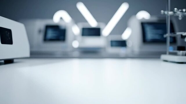 Futuristic Blurry Laboratory Background with Empty White Desk for Product Display.