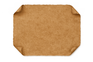 Old parchment notice with curled corners displaying vintage textured paper on transparent background