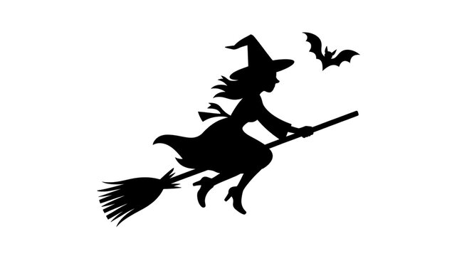A black and white silhouette illustration of a witch riding a broomstick against a white background
