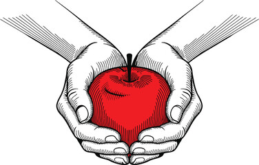 Hands Holding Red Apple Engraving Style fruit