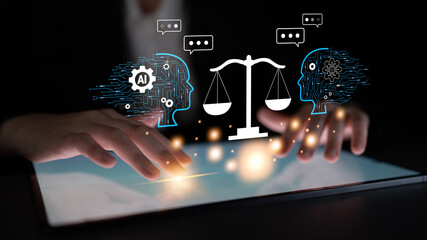 AI in law and the future of the legal justice system. A concept of AI assisting in legal debate, analysis, and decision making. Motif