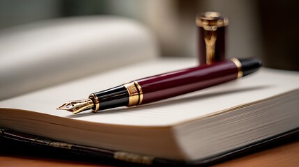 Closeup shot of a fountain pen resting on an open notebook, showcasing the nib, ink, and paper textures, ideal for writing, journaling, or literature themes