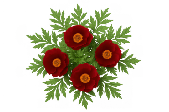 Four red flowers creating a floral arrangement with green leaves, transparent background cutout for design elements