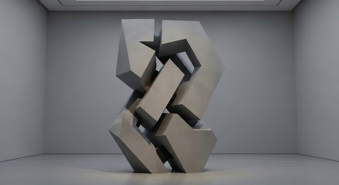 Abstract sculpture of interlocking grey geometric blocks displayed in a minimalist gallery with grey walls and floor