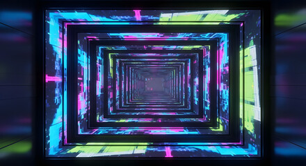 Obraz premium Abstract futuristic tunnel of glowing neon square frames with a vibrant digital glitch effect creating an infinite light portal