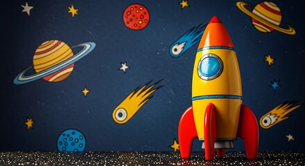 Yellow and red toy rocket ship in cartoon space with planets and comets image