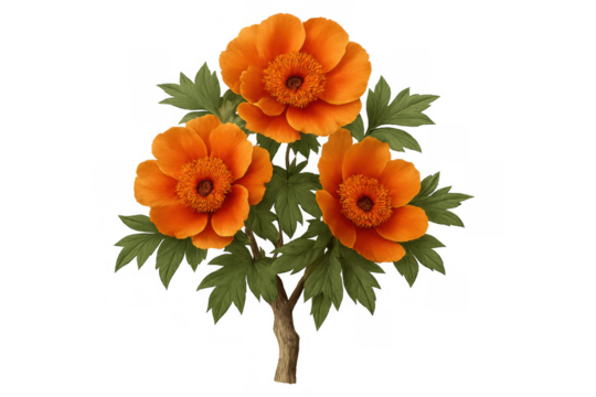 Orange flowers blooming with green leaves, botanical illustration, vibrant floral design element on transparent background - Powered by Adobe