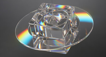 A clear crystal cube on a circular base creating a beautiful prismatic light dispersion effect with a colorful rainbow