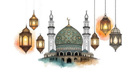 Watercolor illustration of mosque with hanging lanterns graphic