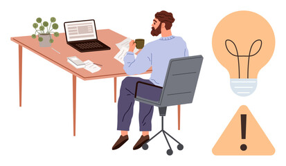 Man seated at office desk reading and drinking coffee, surrounded by laptop, papers. Large lightbulb and warning sign emphasize ideas, caution. Ideal for creativity, focus, work-life balance