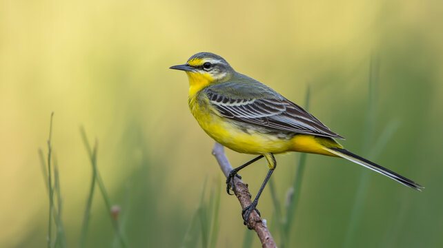 A close-up photograph of a Yellow Wagtail bird perched on a thin brown branch against a soft, blurred green background