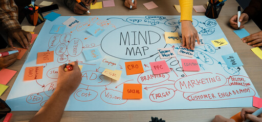A vibrant scene of a collaborative mind mapping session showcasing diverse hands engaged in brainstorming marketing strategies using colorful notes and diagrams. SACTR