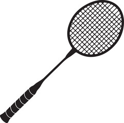 A black and white silhouette of a badminton racket